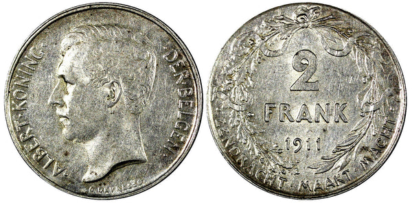 Belgium Albert I Silver 1911 2 Francs Dutch text 27 mm KM# 75 (21 083)