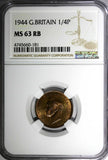 Great Britain George VI Bronze 1944 Farthing NGC MS63 RB RED TONING KM# 843 (81)