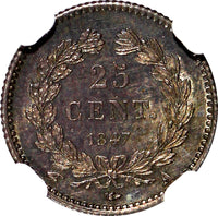 France Louis Philippe Silver 1847 A 25 Centimes NGC AU58 Nice Toned KM# 755.1(3)