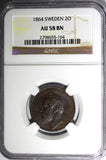 Sweden Carl XV Adolf Bronze 1864 2 Ore NGC AU58 BN  Mintage-600,000  KM# 706 (4)