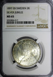 SWEDEN Silver Jubilee Oscar II 1897 EB 2 Kronor NGC MS65 KM# 762 (017)