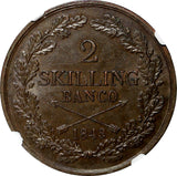 Sweden Carl XIV Johan Copper 1843 2 Skilling NGC MS62 BN  SCARCE KM# 643 (043)