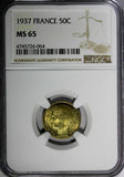 FRANCE Aluminum-Bronze 1937 50 Centimes NGC MS65 1 GRADED HIGHEST KM# 894.1