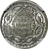 Tunisia  Silver AH1358 // 1939 5 Francs NGC MS62 Mint Luster KM# 264 (044)