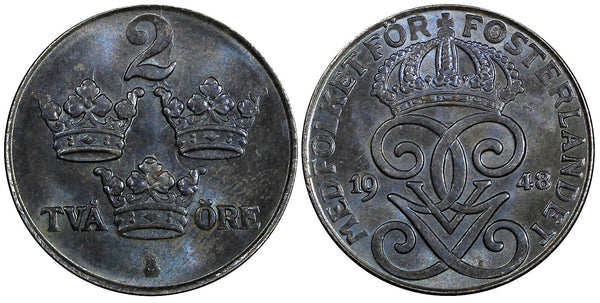 Sweden Gustaf V Iron 1948 2 Öre Choice Unc KM# 811 (852)