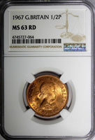 GREAT BRITAIN Elizabeth II 1967 1/2 Penny NGC MS63 RD FULL RED TONING KM# 896(4)