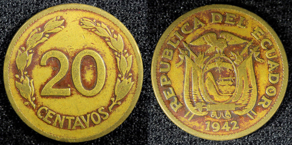 ECUADOR Brass 1942 D  20 Centavos 1 Year Type Denver Mint KM# 77.1a (22 994)