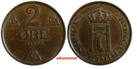 Norway Haakon VII Bronze 1909 2 Ore Mintage-520,000 RARE DATE XF/aUNC KM# 371(9)