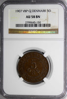 Denmark Frederik VIII Bronze 1907 VBP GJ 5 Ore NGC AU58 BN KM# 806 (150)