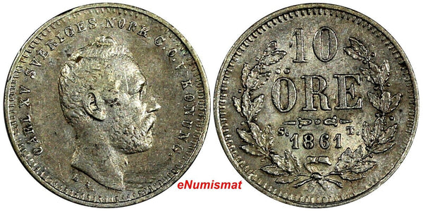 Sweden Carl XV Adolf Silver 1861 ST 10 Öre Mintage-579,000 KM# 710 (18 110)