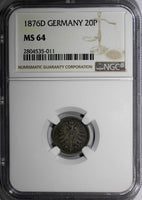 Germany - Empire Wilhelm I Silver 1876 D 20 Pfennig NGC MS64  TONING KM#5 (011)