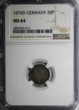 Germany - Empire Wilhelm I Silver 1876 D 20 Pfennig NGC MS64  TONING KM#5 (011)