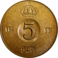 Sweden Gustaf VI Bronze 1953 5 Öre GEM BU KM# 822 (938)
