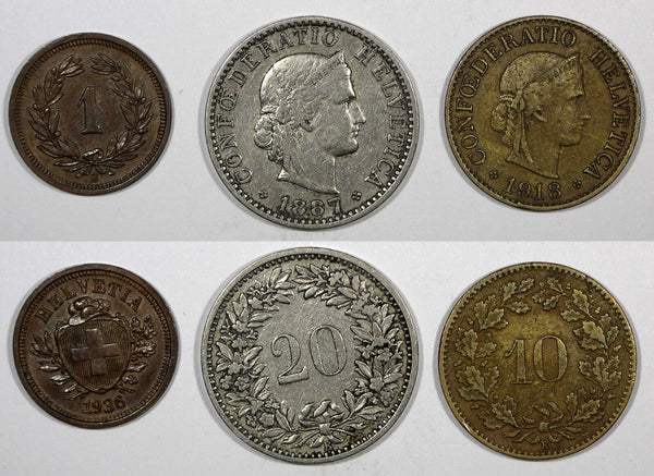Switzerland LOT OF 3 COINS 1887,1918,1936 20 ,10 Rappen KM# 29,KM# 27a,KM# 3.2