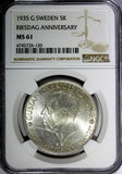 SWEDEN Silver 1935 5 Kronor NGC MS61  500th Anniversary of Riksdag KM# 806