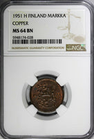 Finland Copper 1951 H 1 Markka Last Year NGC MS64 BN TOP GRADED KM# 30a (028)