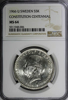 SWEDEN Silver 1966 U 5 Kronor NGC MS64 Constitution Reform 1 YEAR KM# 839 (006)