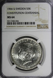 SWEDEN Silver 1966 U 5 Kronor NGC MS64 Constitution Reform 1 YEAR KM# 839 (006)