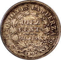Bolivia Silver 1895PT ES10 Centavos Potosi XF Cond.Toned Mintage-20,000 KM158.3