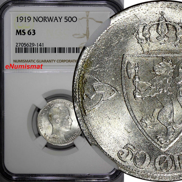 Norway Haakon VII Silver 1919 50 Øre NGC MS63 LAST YEAR .HIGH GRADED KM# 374 (1)