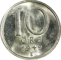 Sweden Gustaf V (1907-1950) Silver 1949 10 Öre GEM BU KM# 813 (22 062)