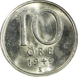 Sweden Gustaf V (1907-1950) Silver 1949 10 Öre GEM BU KM# 813 (22 062)