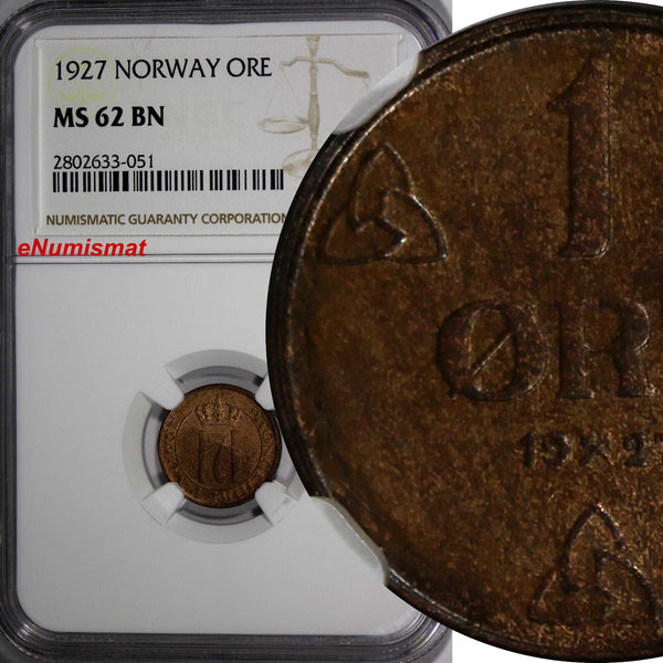Norway Haakon VII Bronze 1927 1 Ore NGC MS62 BN SCARCE DATE KM# 367 (051)