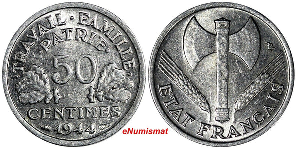 France  Aluminum 1944 50 Centimes WWII Issue BETTER DATE BU KM# 914.1 (15 293)