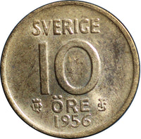 SWEDEN  SILVER Gustaf VI 1956 10 ORE High Grade  KM#823 (2208)