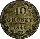 Poland Nicholas I Silver 1840 MW 10 Groszy Warszawa mint  XF Condition C# 113a