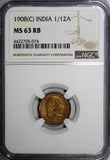 India-British Edward VII Bronze 1908 (C) 1/12 Anna NGC MS63 RB KM# 498 (074)