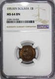 BOLIVIA Bronze 1951-KN 1 Boliviano NGC MS64 BN 1 YEAR TYPE KM# 184