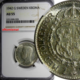 SWEDEN Gustaf V Silver 1942 G 1 Krona NGC AU55 KEY DATE RARE  KM# 786.2 (203)