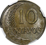 PERU Copper-Nickel 1920 10 Centavos NGC MS63 KM# 214.1  (008)