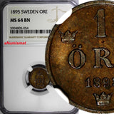 Sweden Oscar II Bronze 1895 1 Ore NGC MS64 BN TOP GRADED BY NGC KM# 750 (054)