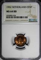 Netherlands Juliana 1952 1 Cent NGC MS64 RB 1 GRADED HIGHEST BY NGC KM# 180 (34)