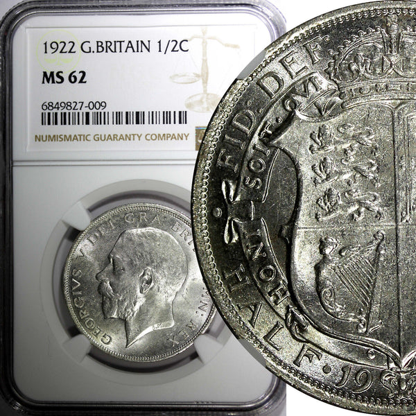 Great Britain George V Silver 1922 1/2 Crown NGC MS62 32.3 mm KM# 818.1a (9)