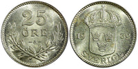 Sweden Gustaf V Silver 1939 G 25 Öre GEM BU KM# 785 (22 043)