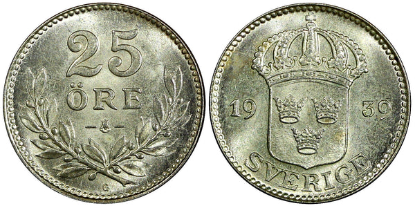 Sweden Gustaf V Silver 1939 G 25 Öre GEM BU KM# 785 (22 043)