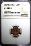 SWEDEN Oscar I Bronze 1857 1/2 Ore NGC MS64 RB RED BROWN KM# 686