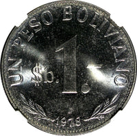 Bolivia 1978 1 Peso Boliviano NGC MS66 TOP GRADED GEM BU KM# 192 (009)