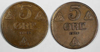 Norway Haakon VII Bronze LOT OF 2 COINS 1915,1932 5 Ore RARE DATE KM# 368 (748)