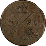 SWEDEN Adolf Frederick (1751-1771) Copper 1766 S.M.2 Ore 33.7 mm KM# 461(17 111)