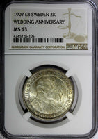 SWEDEN Oscar II Silver 1907-EB 2 Kronor NGC MS63 Golden Wedding Anniv.KM#776/105