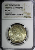 SWEDEN Oscar II Silver 1907-EB 2 Kronor NGC MS63 Golden Wedding Anniv.KM#776/105