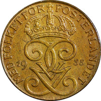 SWEDEN Gustaf V Bronze 1935 1 Öre  Choice UNC Condition KM# 777.2 (21 919)