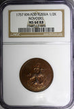 RUSSIA Elizabeth Copper 1757 Denga 1/2 Kopeck NGC MS64 RB Bit-502 (R2) KM# N30