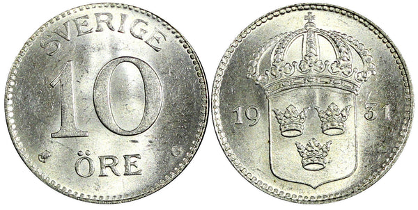 SWEDEN Gustaf V Silver 1931 G 10 Öre BU GEM COIN KM# 780 (22 144)