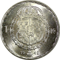 Sweden Gustaf V Silver 1942 G 1 Krona UNC Light Toned 25mm KM# 814 (22 113)