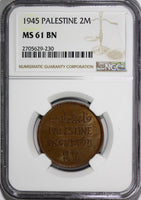 Palestine British Mandate Bronze 1945 2 Mils NGC MS61 BN SEMI-KEY DATE KM#2